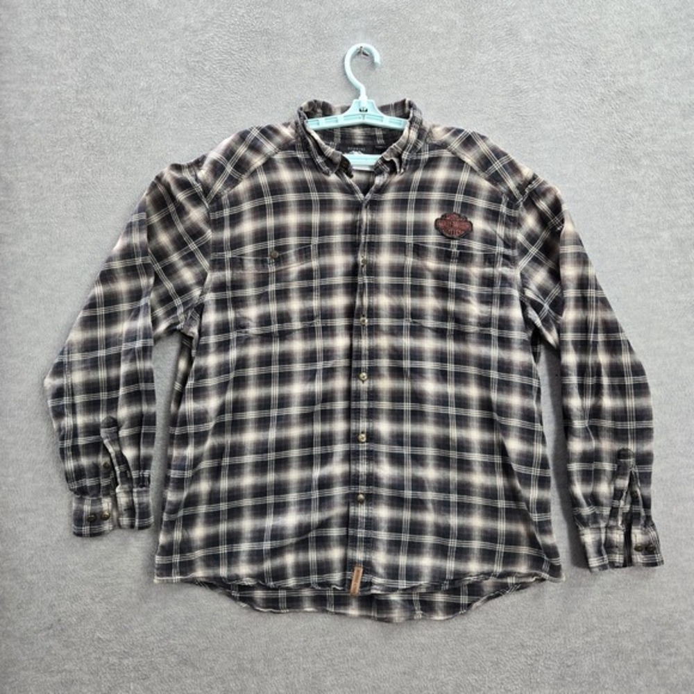 Harley-Davidson Men Button Up Shirt XL Black Plaid Flannel Wings Logo Western
